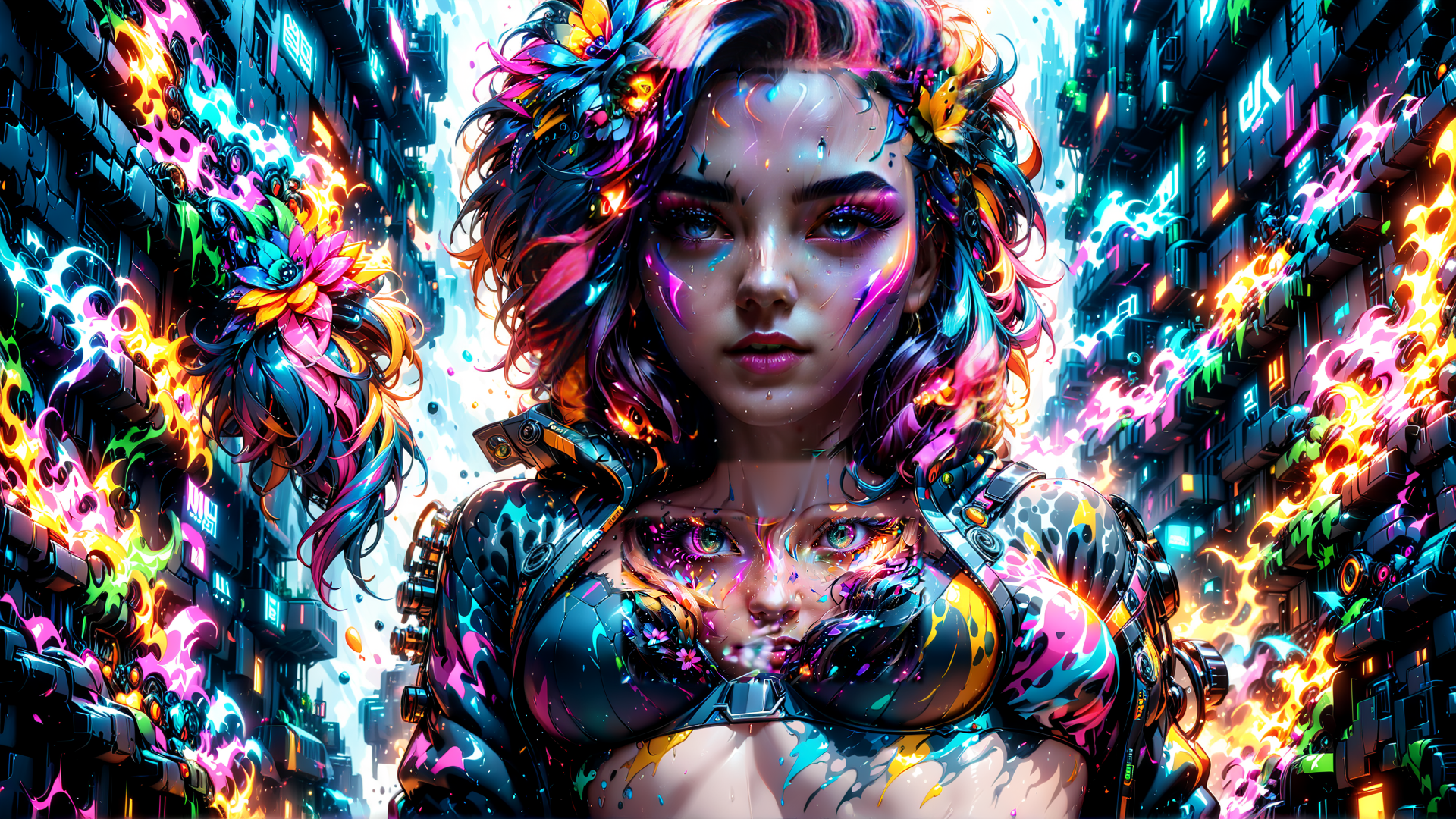 AI generated wallpaper featuring woman, cyberpunk, neon