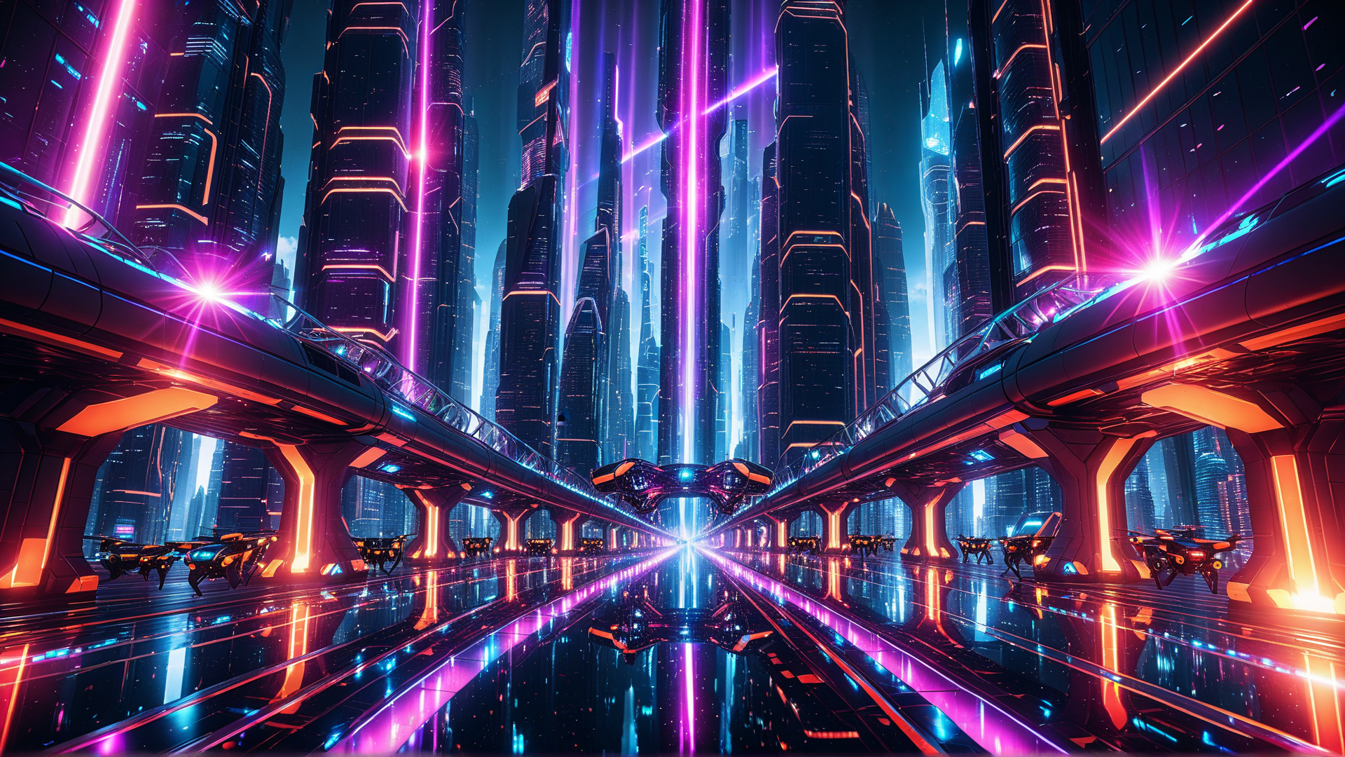 AI generated wallpaper featuring cityscape, flying vehicles, buildings
