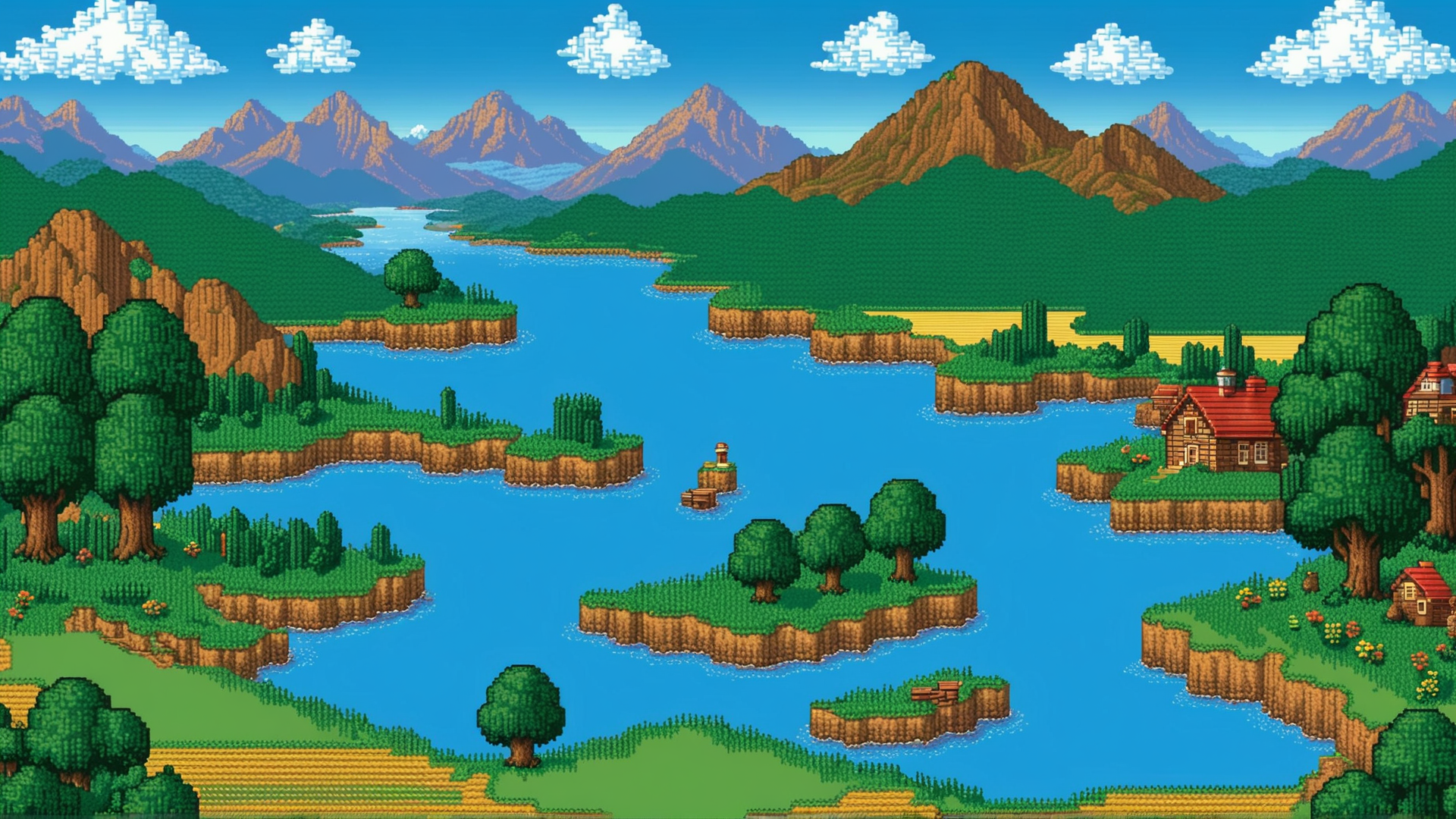 AI generated wallpaper featuring islands, houses, trees