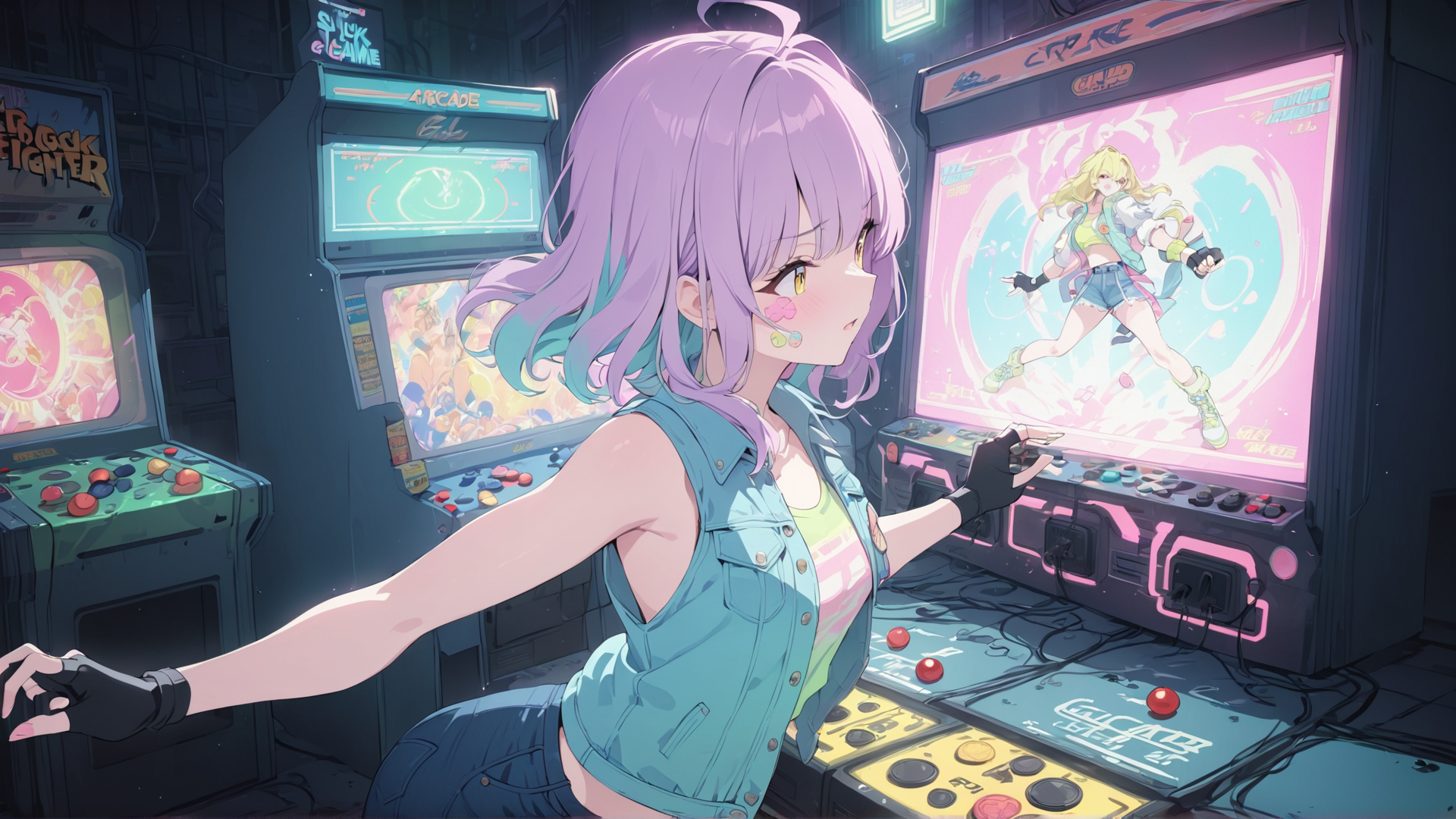 AI generated wallpaper featuring girl, arcade, game