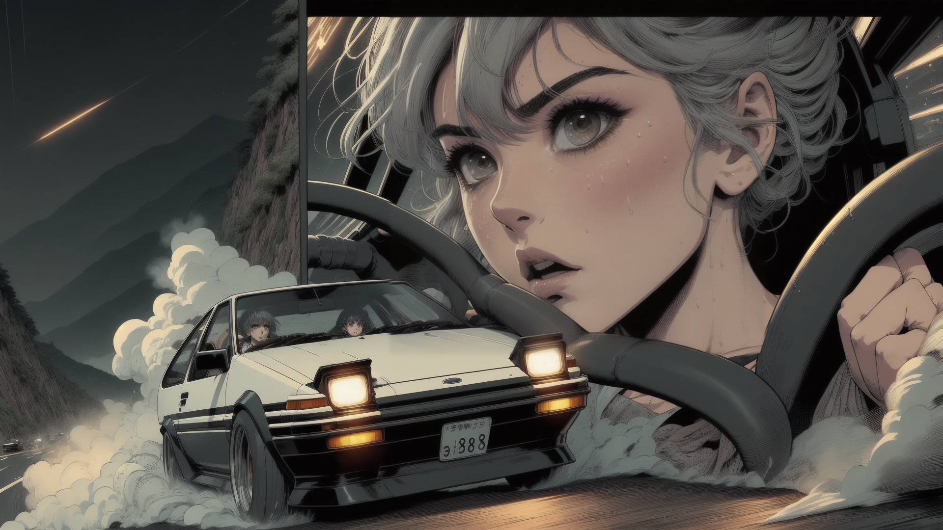 AI generated wallpaper featuring car, driver, steering wheel, road, mountains, smoke, tires, headlights, license plate, narrow road