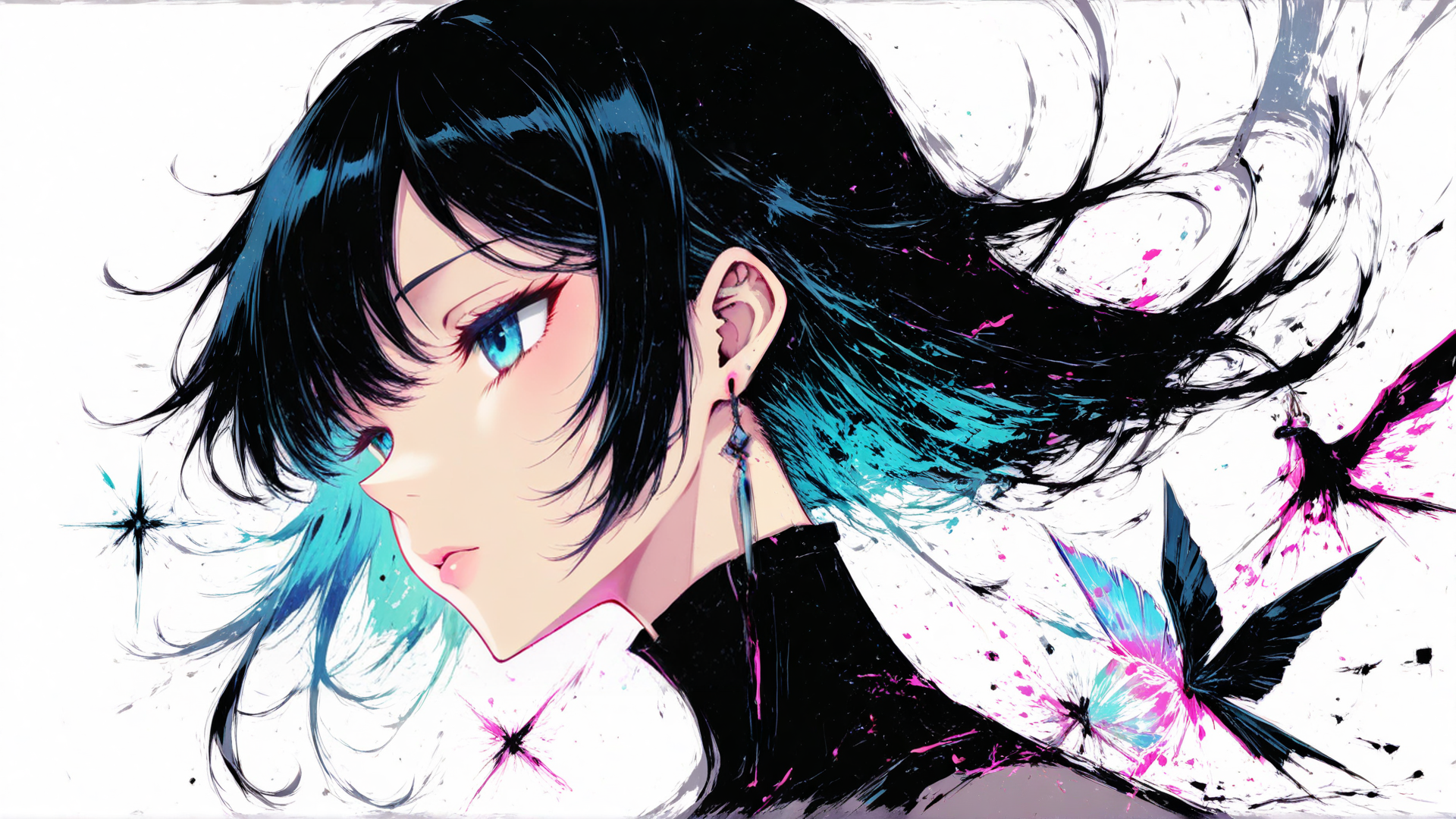 AI generated wallpaper featuring girl, butterfly, hair, earring, star