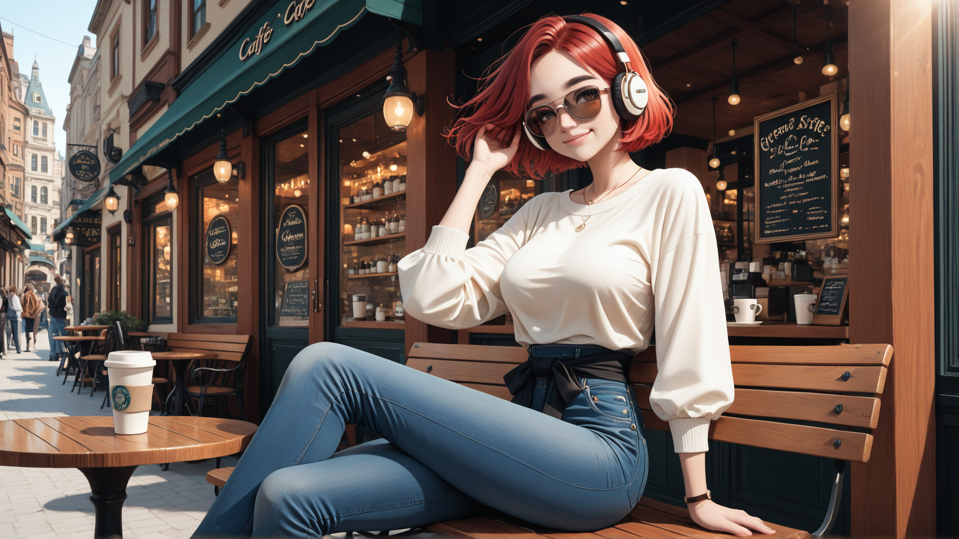 AI generated wallpaper featuring woman, cafe, street, headphones, sunglasses, jeans, sweater, coffee, bench, building