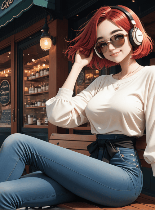 woman, cafe, street, headphones, sunglasses, jeans, sweater, coffee, bench, building