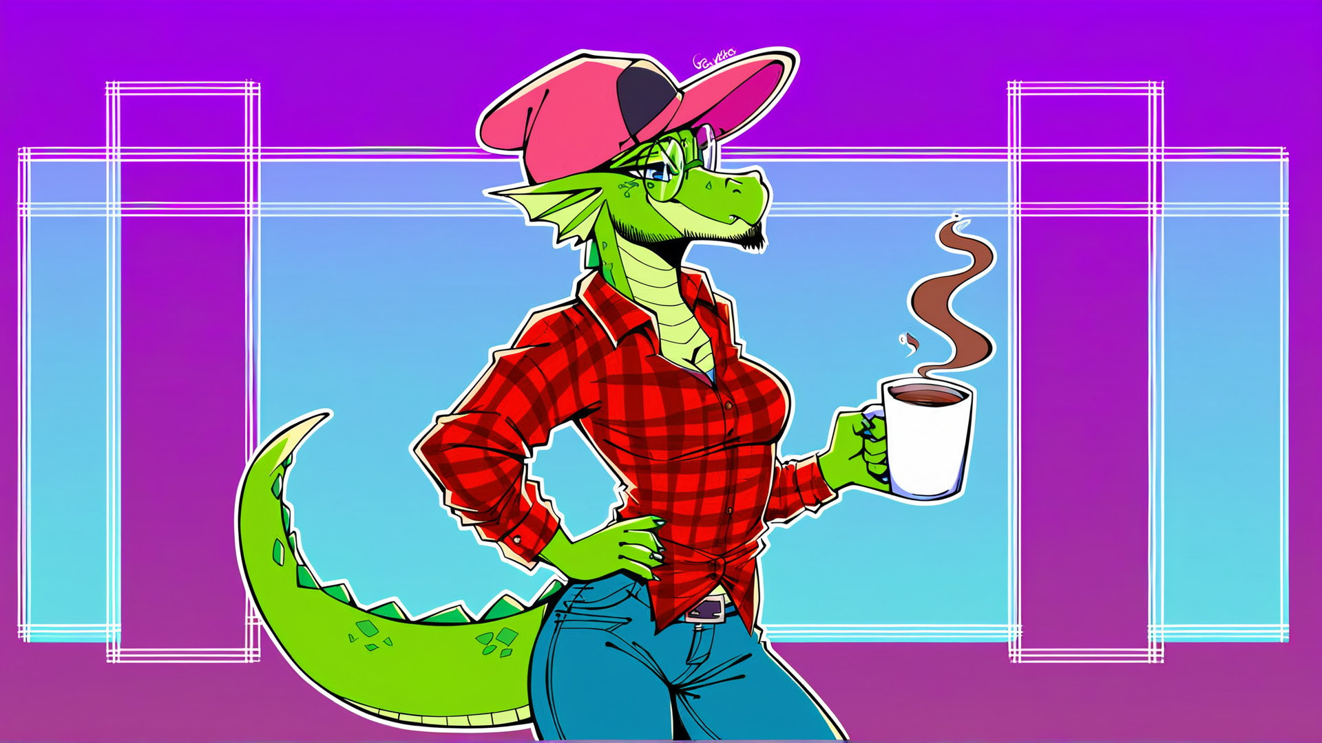 AI generated wallpaper featuring dragon, crocodile, anthro, woman, character, cowboy, hat, coffee