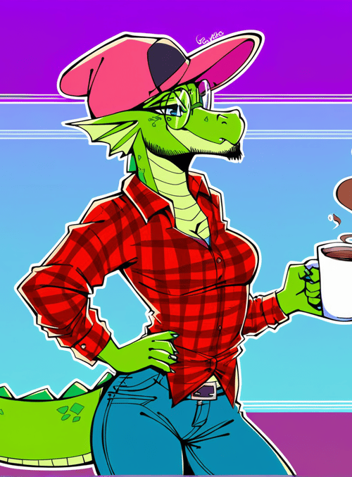 dragon, crocodile, anthro, woman, character, cowboy, hat, coffee
