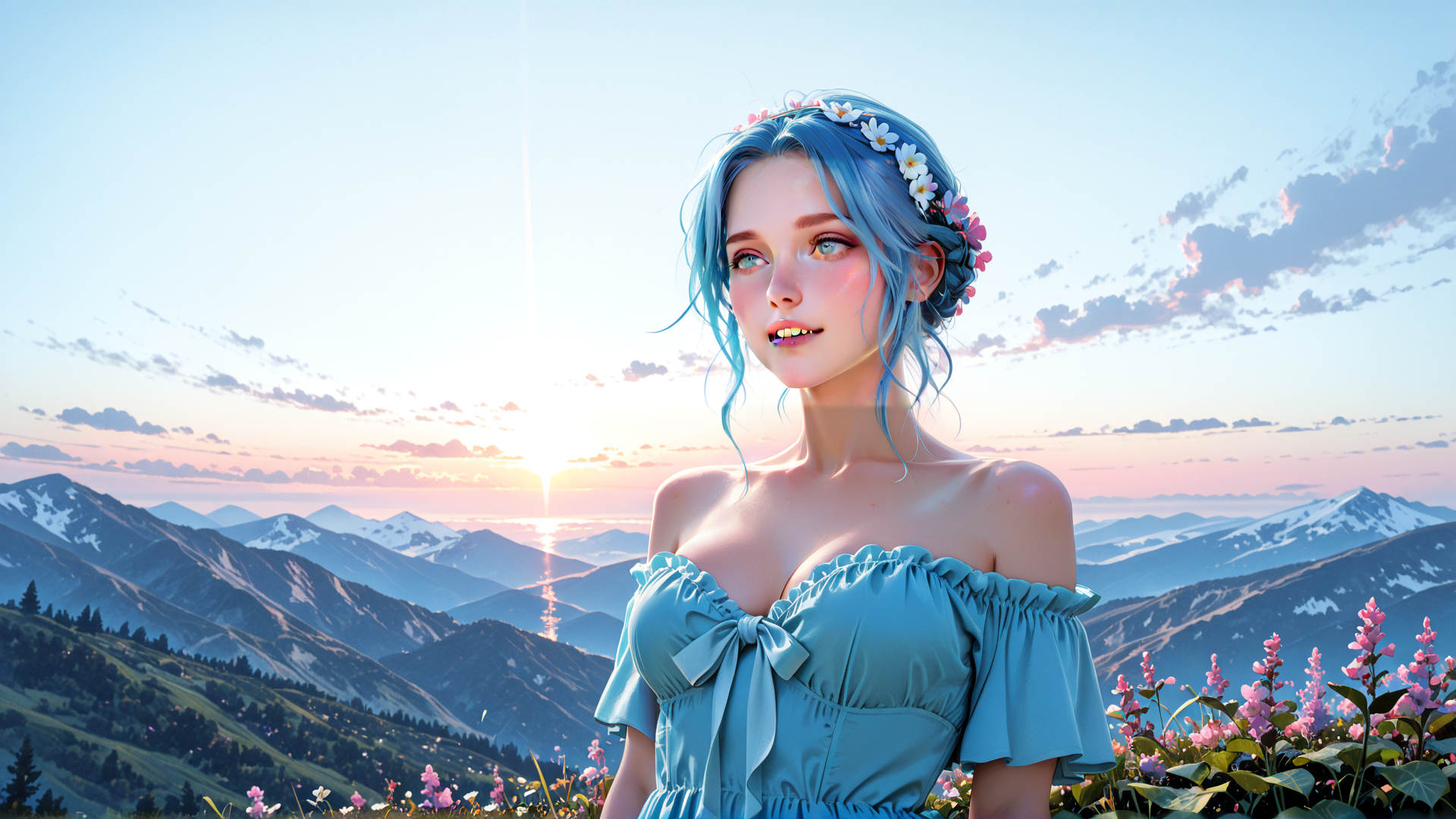 AI generated wallpaper featuring woman, flower crown, mountains, sunset, dress, flowers