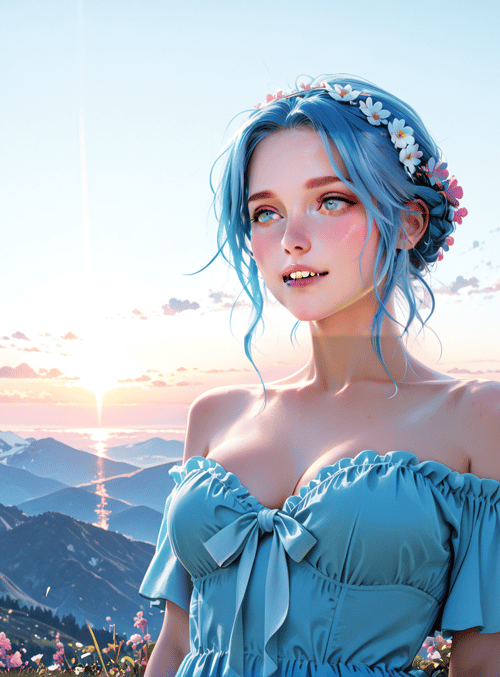 woman, flower crown, mountains, sunset, dress, flowers