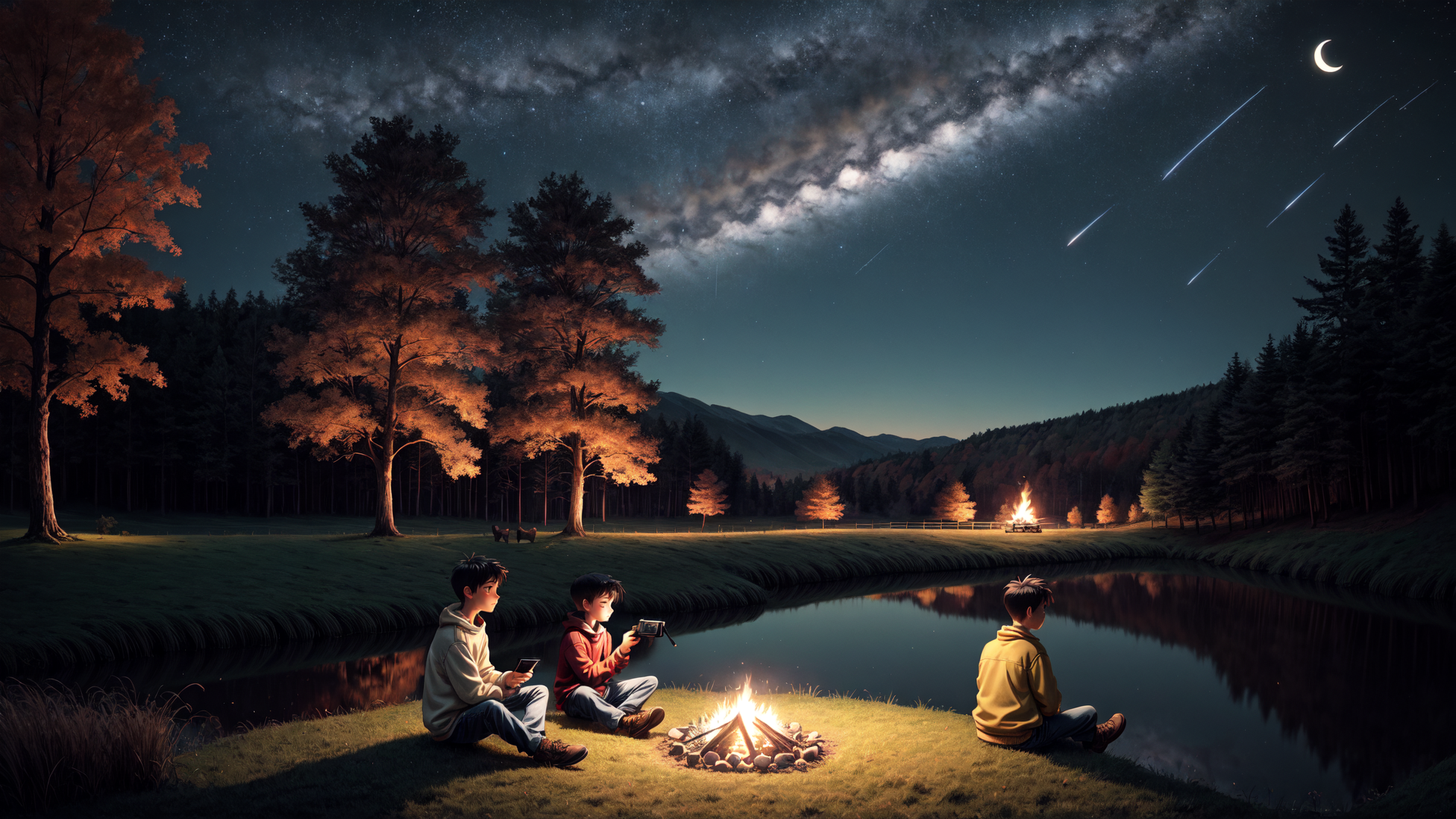 AI generated wallpaper featuring boys, campfire, lake, trees, moon, stars, fire, phone, mountains, grass