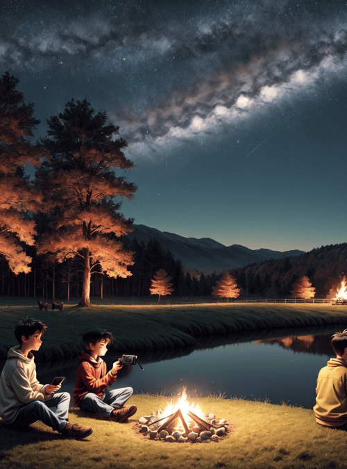 boys, campfire, lake, trees, moon, stars, fire, phone, mountains, grass