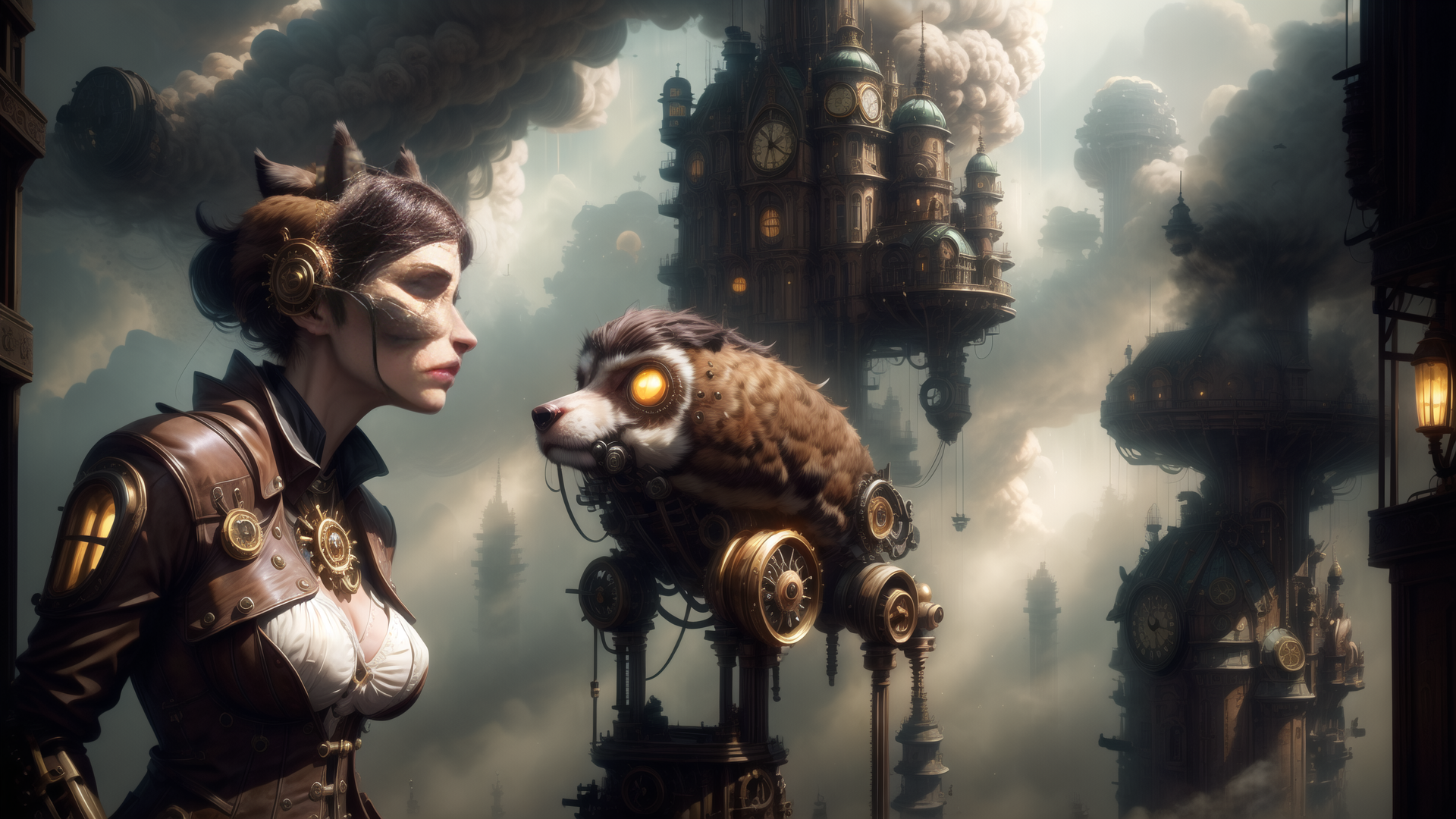 AI generated wallpaper featuring woman, mechanical dog, steampunk city