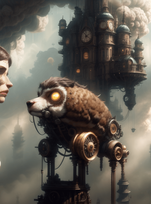 woman, mechanical dog, steampunk city