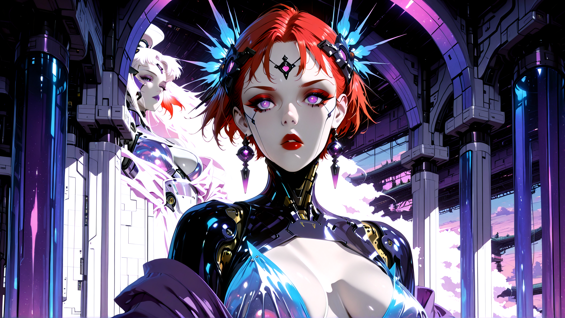 AI generated wallpaper featuring cyborg, woman, robot, futuristic, architecture, neon, mechanical, armor, glowing, archway