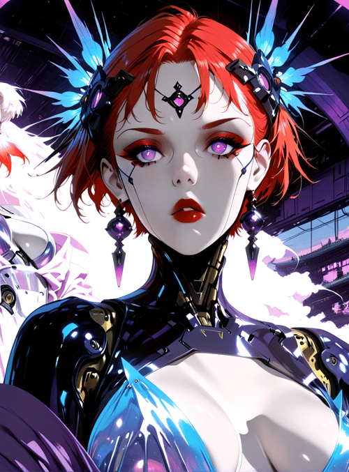 cyborg, woman, robot, futuristic, architecture, neon, mechanical, armor, glowing, archway