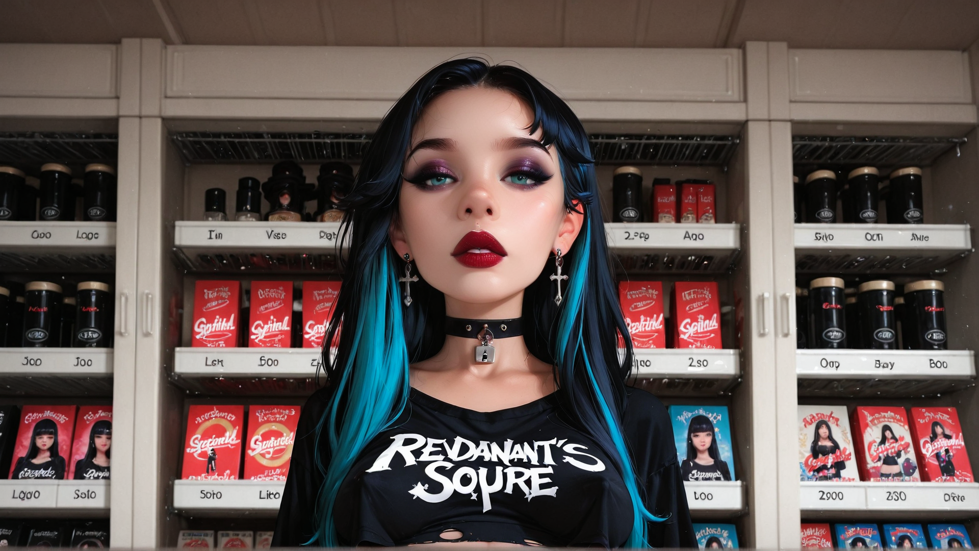 AI generated wallpaper featuring girl, woman, hair, choker, tshirt, shelf, cans, boxes, earrings, lips