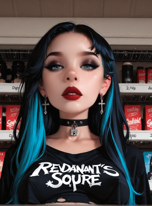 girl, woman, hair, choker, tshirt, shelf, cans, boxes, earrings, lips