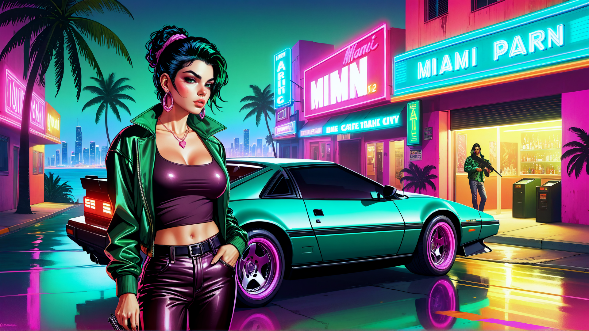 AI generated wallpaper featuring woman, car, neon signs, palm trees, gun