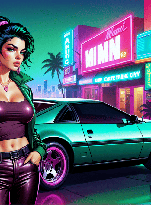 woman, car, neon signs, palm trees, gun