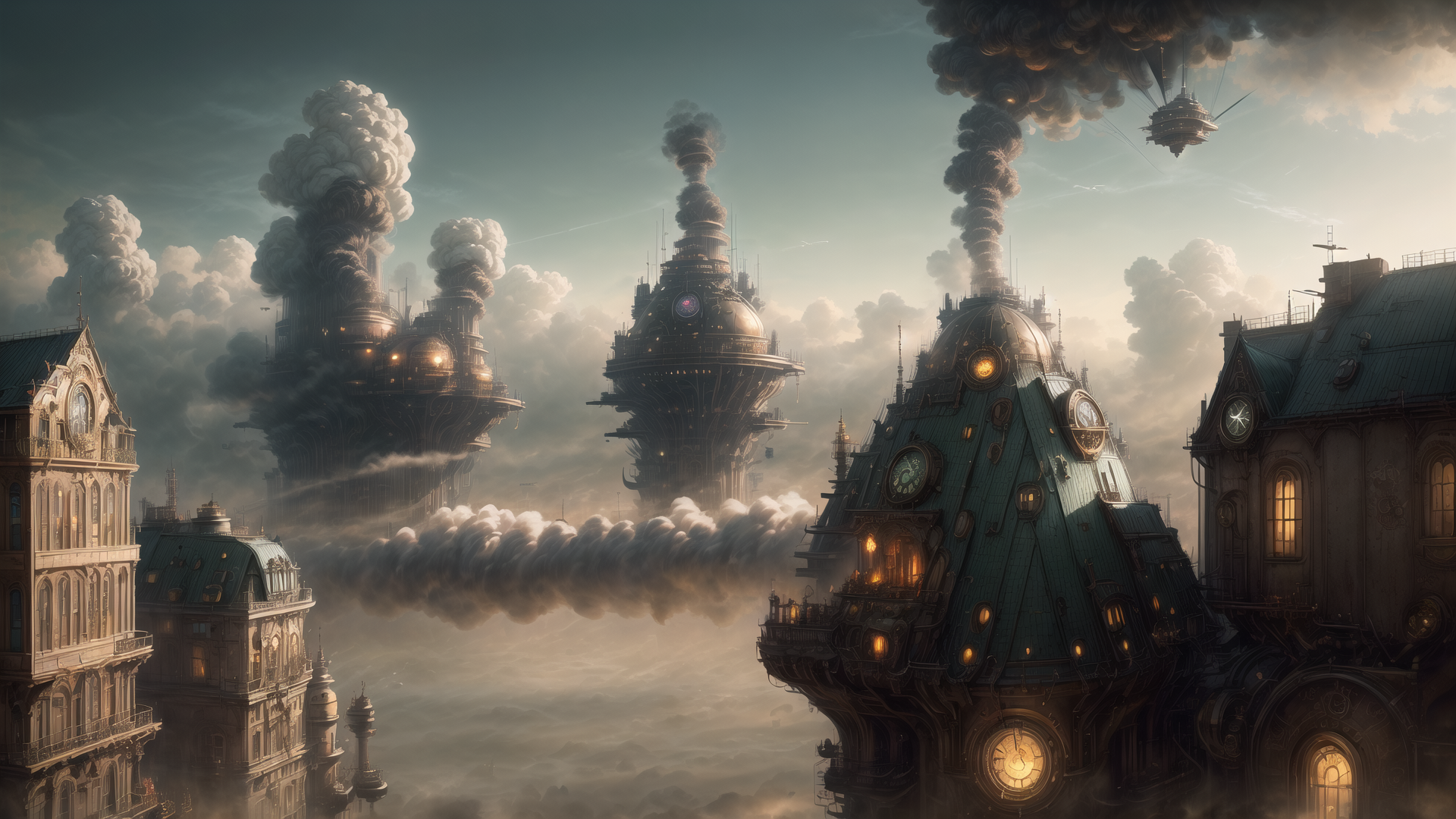 AI generated wallpaper featuring buildings, clouds, clocks, smoke, airships