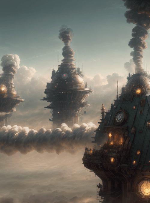 buildings, clouds, clocks, smoke, airships