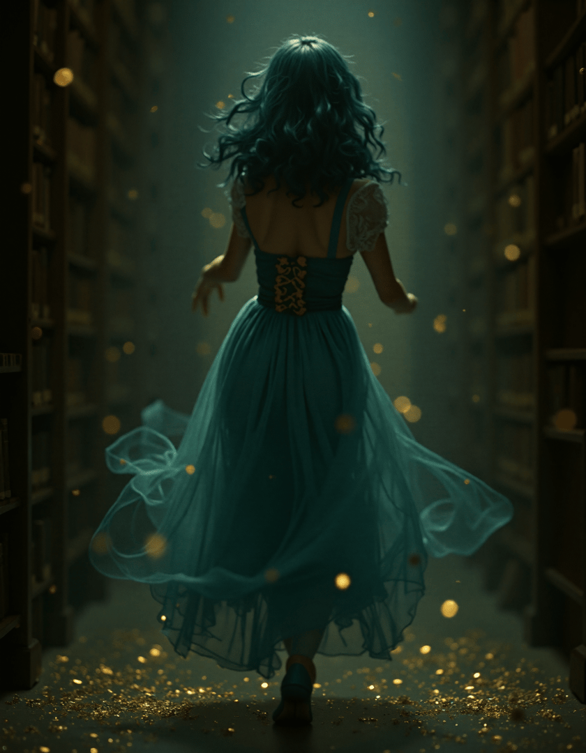 AI generated wallpaper featuring woman, dress, library