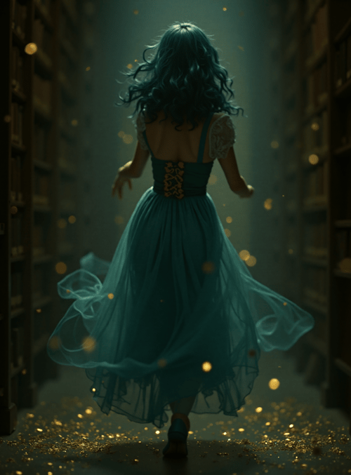 woman, dress, library