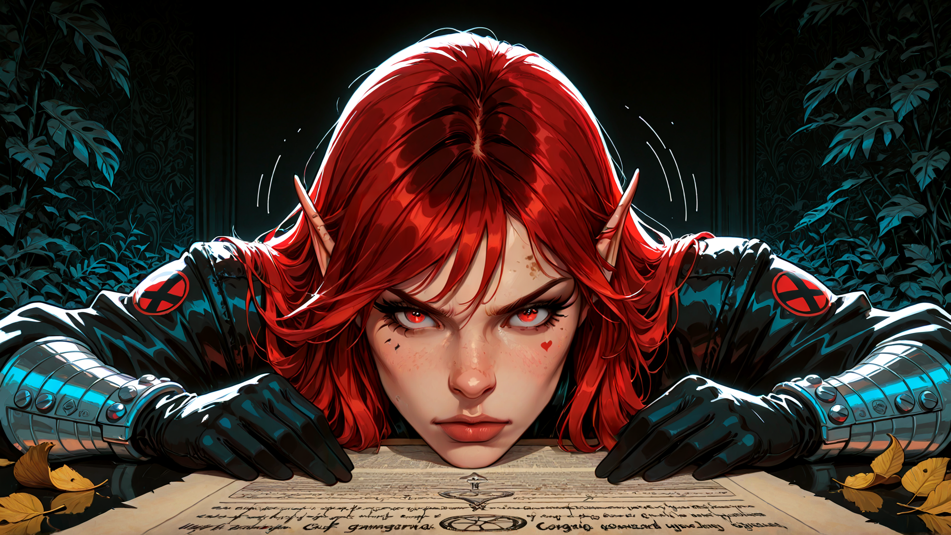 AI generated wallpaper featuring elf, woman, armor, document, leaves