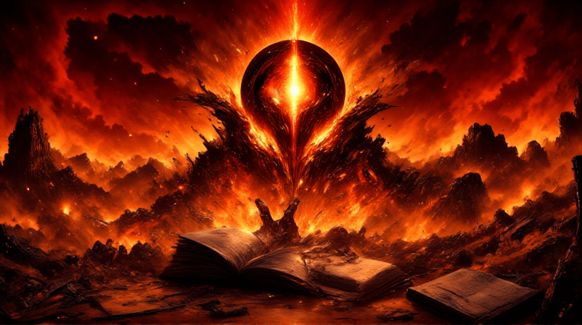 AI generated wallpaper featuring book, sphere, tree, mountain, sky
