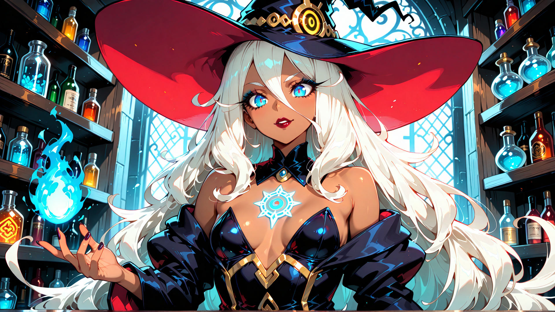 AI generated wallpaper featuring witch, witch hat, bottles, flame, magic