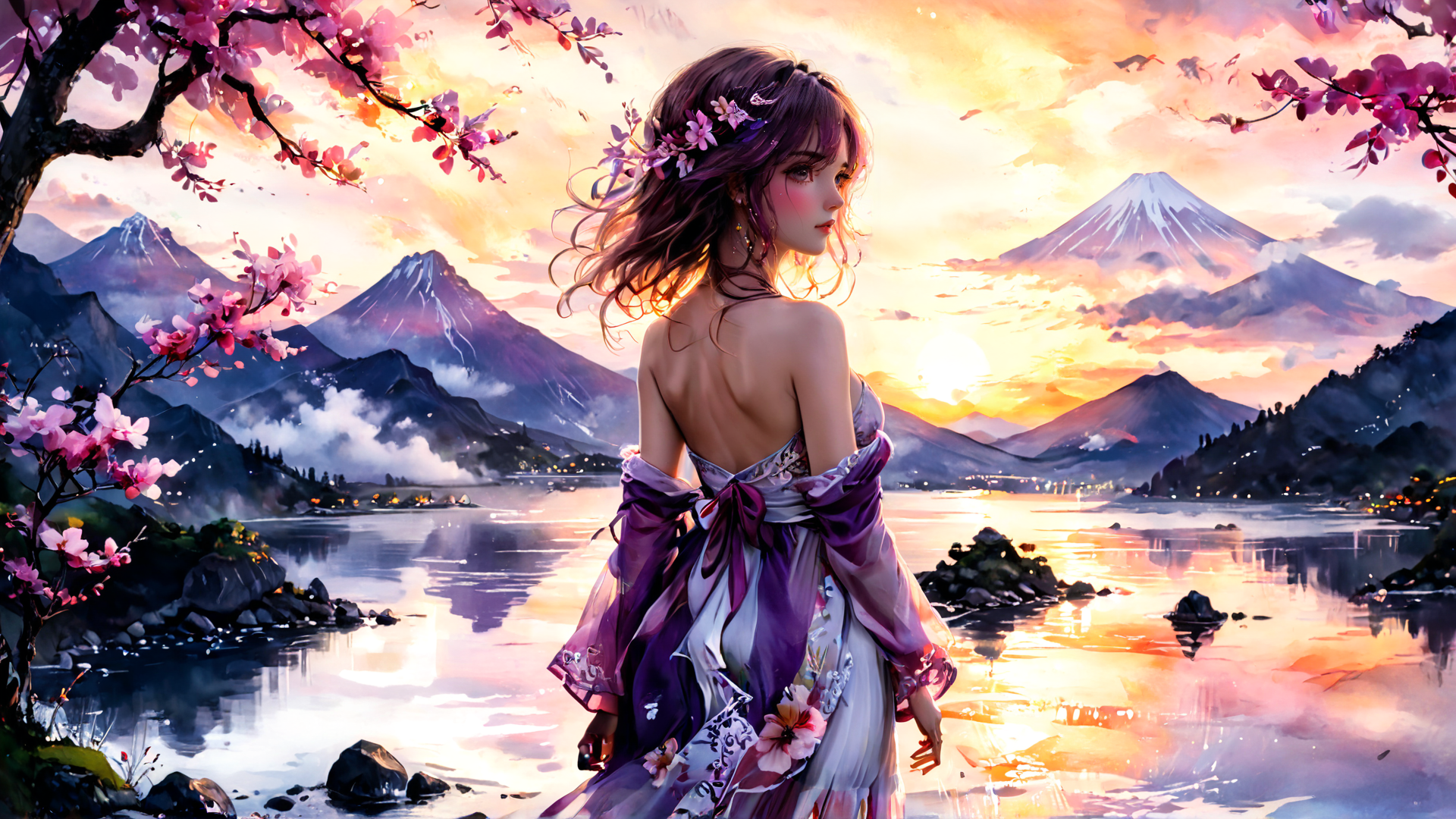 AI generated wallpaper featuring woman, cherry blossoms, mountains