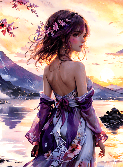 woman, cherry blossoms, mountains