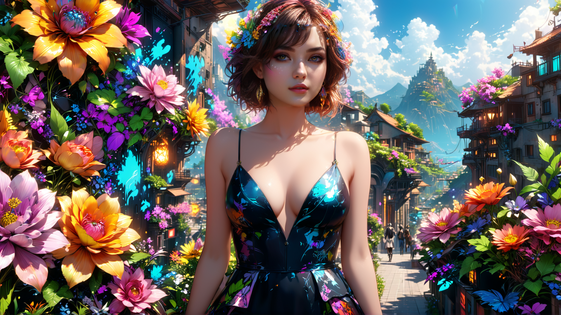 AI generated wallpaper featuring woman, flowers, city