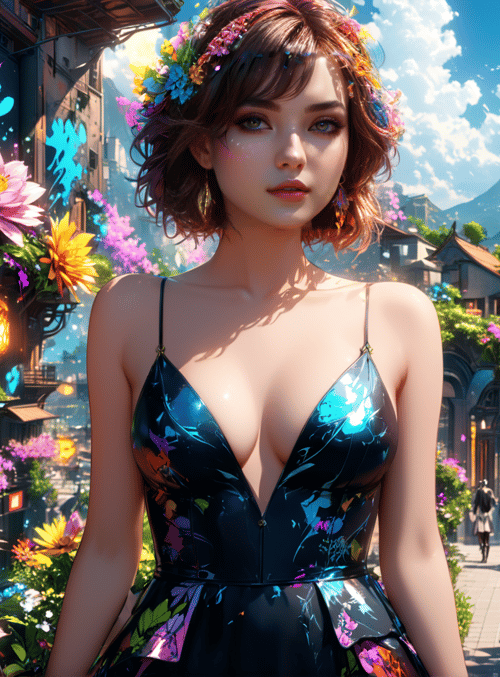 woman, flowers, city