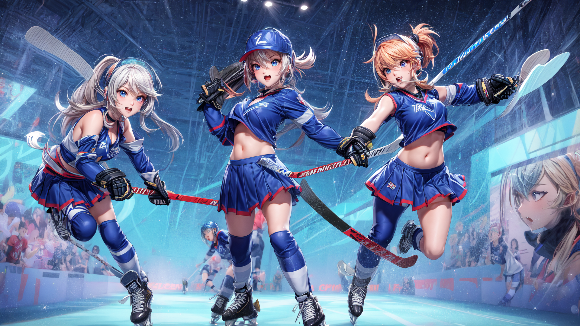 AI generated wallpaper featuring girls, hockey, skaters, uniform, ice, saber, stick, helmet, gloves, skates