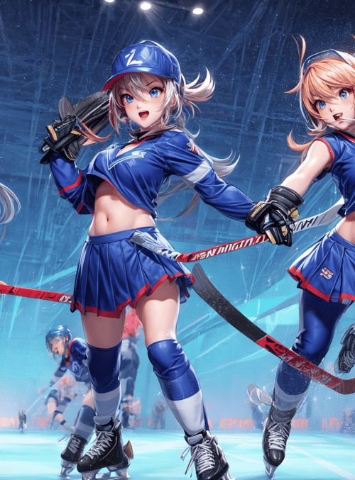 girls, hockey, skaters, uniform, ice, saber, stick, helmet, gloves, skates