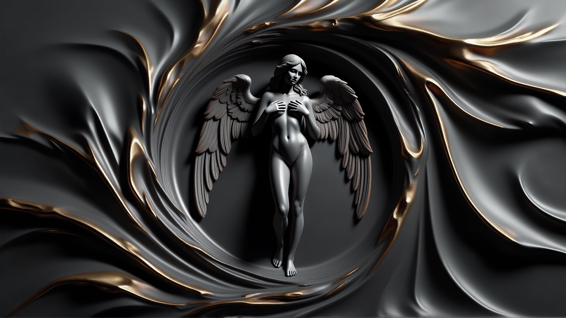 AI generated wallpaper featuring angel, statue, wing