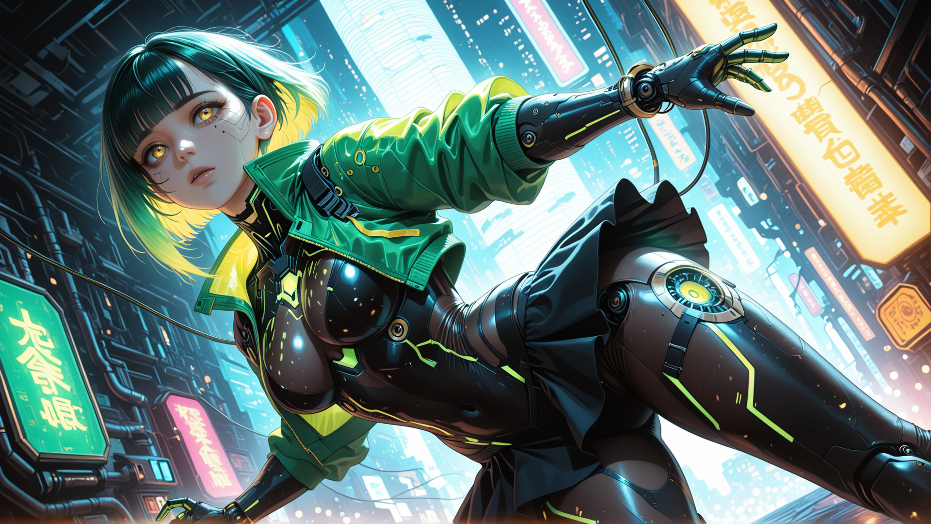 AI generated wallpaper featuring cyberpunk, girl, robot, neon, urban, cityscape, futuristic, character, mechanical, outfit