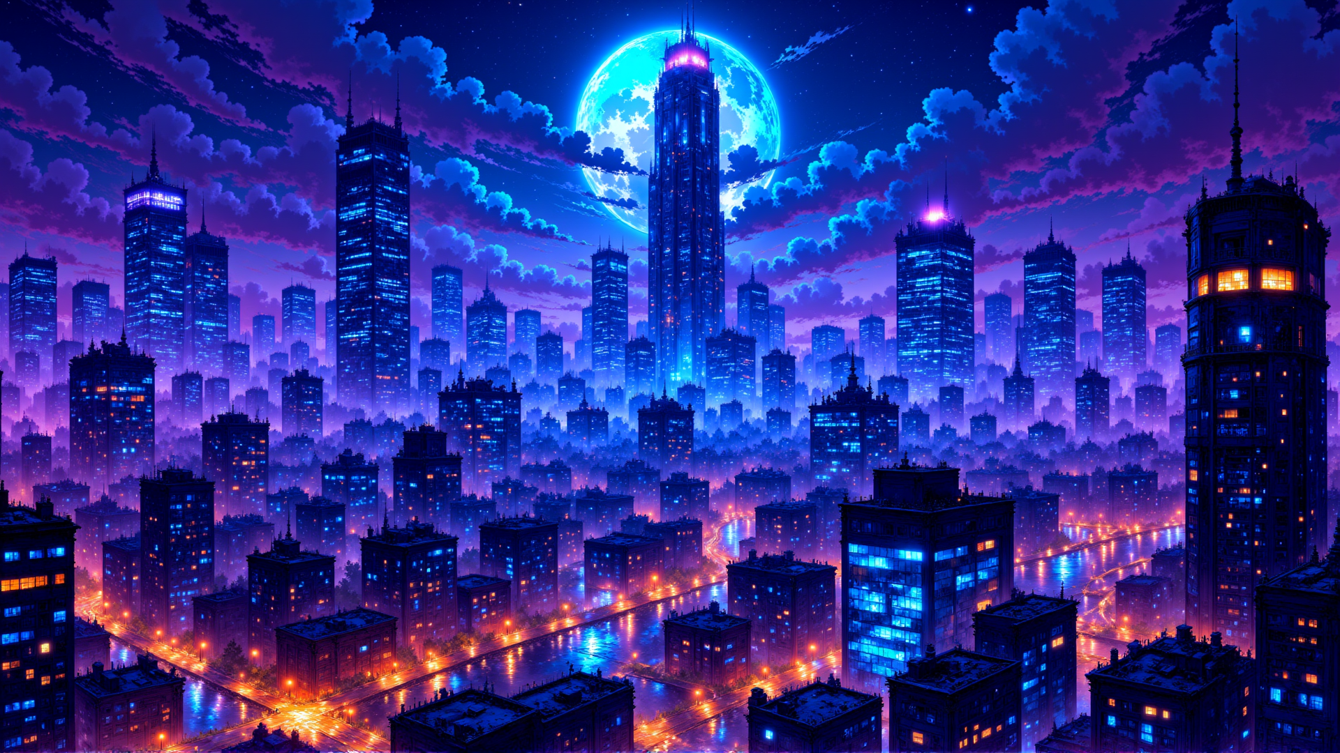 AI generated wallpaper featuring city, skyscrapers, moon, buildings, streets, clouds, night, neon, river, lights