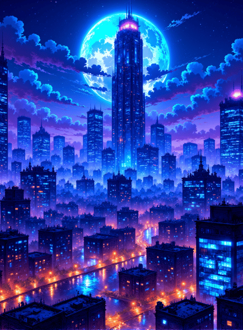 city, skyscrapers, moon, buildings, streets, clouds, night, neon, river, lights