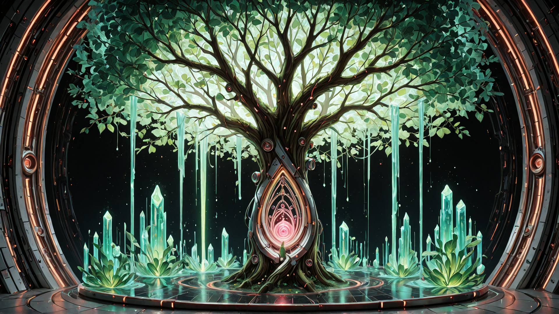 AI generated wallpaper featuring tree, crystals, gears, plants, portal, luminescence, circuit, glowing, nature, tech
