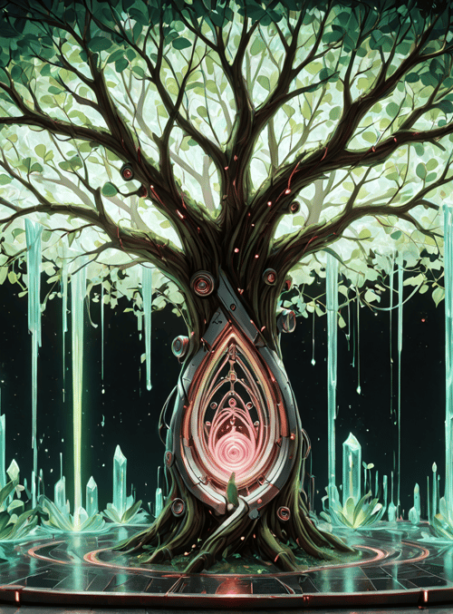 tree, crystals, gears, plants, portal, luminescence, circuit, glowing, nature, tech