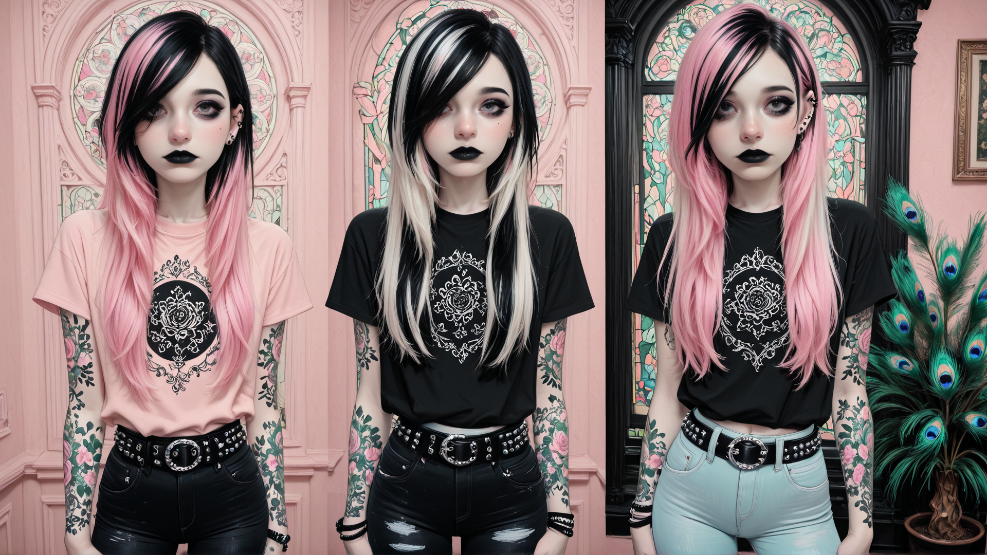 AI generated wallpaper featuring girl, tattoo, hair, shirt, belt, jeans, background, rose, peacock, window