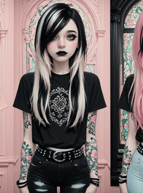 girl, tattoo, hair, shirt, belt, jeans, background, rose, peacock, window