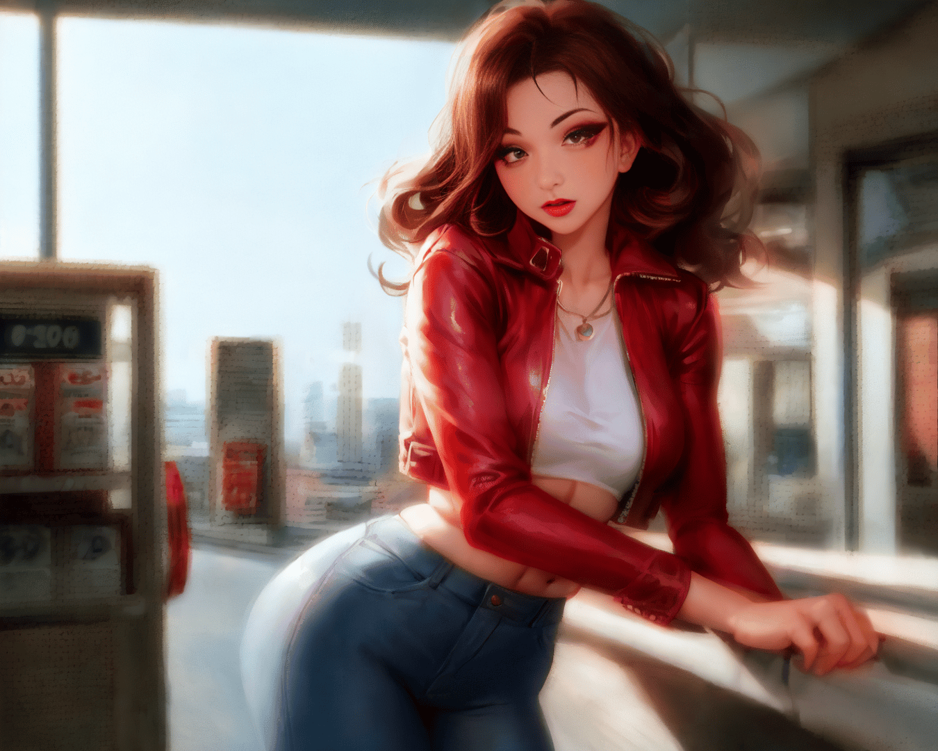 AI generated wallpaper featuring woman, leather jacket, jeans