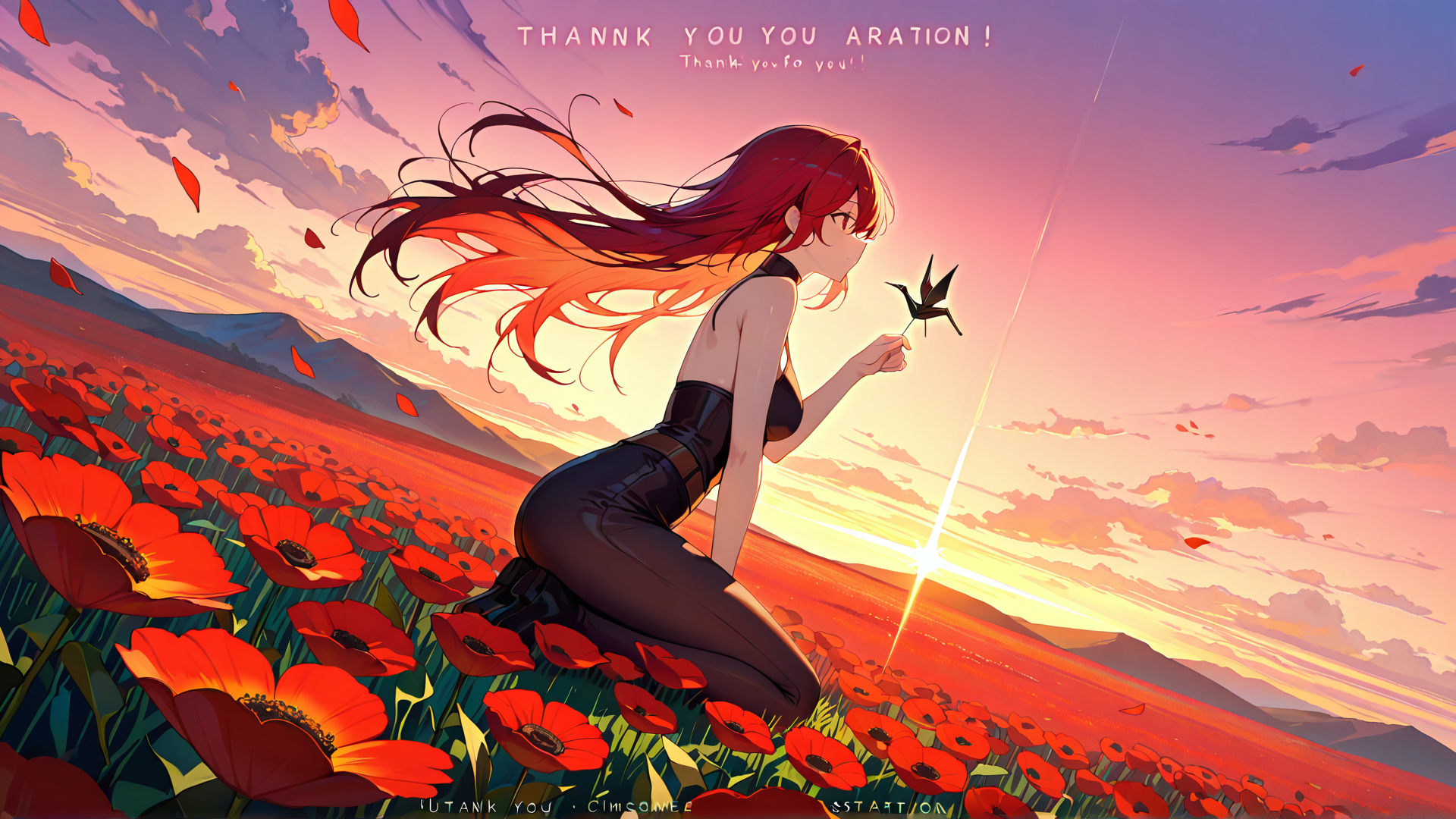 AI generated wallpaper featuring girl, poppy field, paper crane