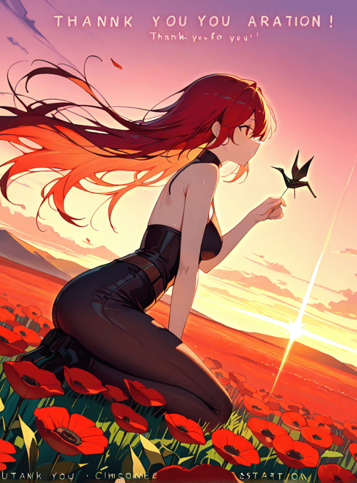 girl, poppy field, paper crane