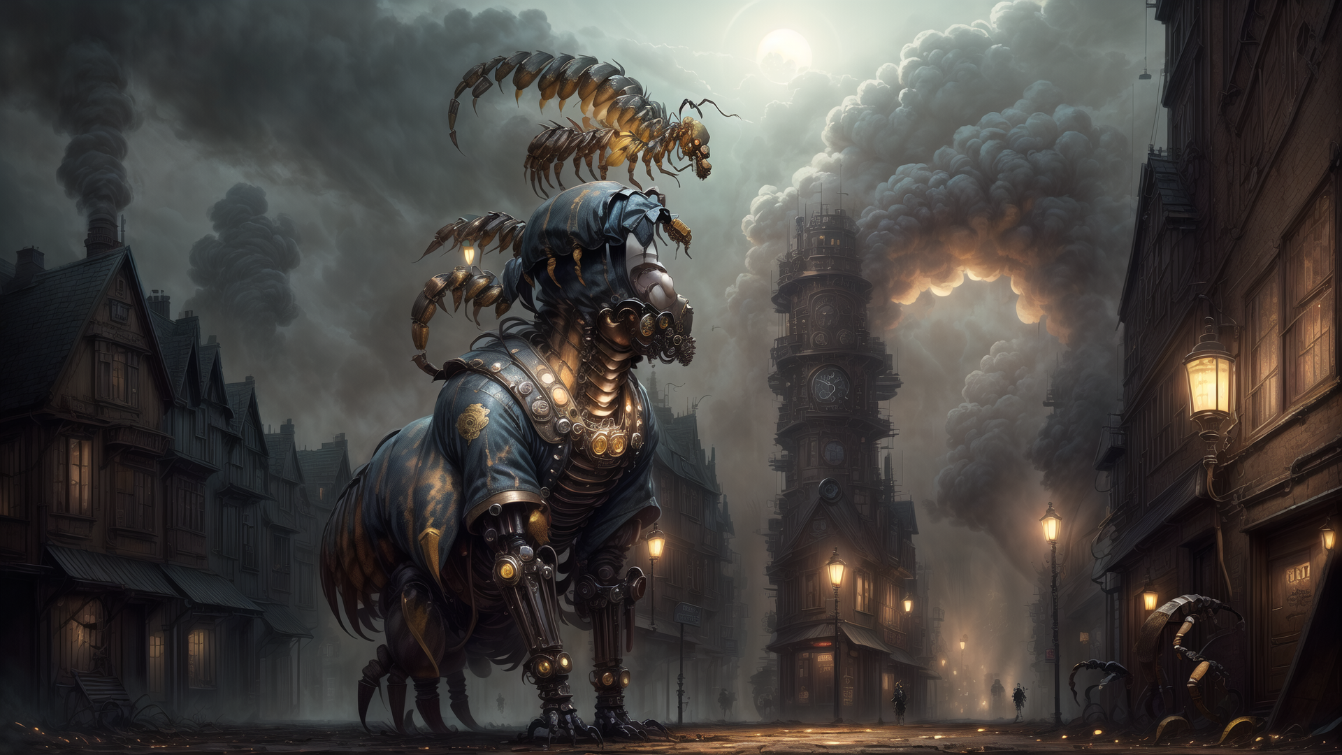 AI generated wallpaper featuring mechanical creature, steampunk, insectoid, clock tower, urban