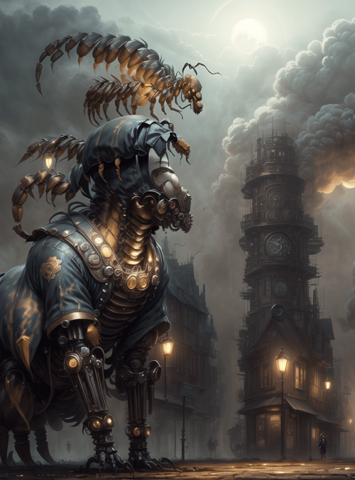 mechanical creature, steampunk, insectoid, clock tower, urban