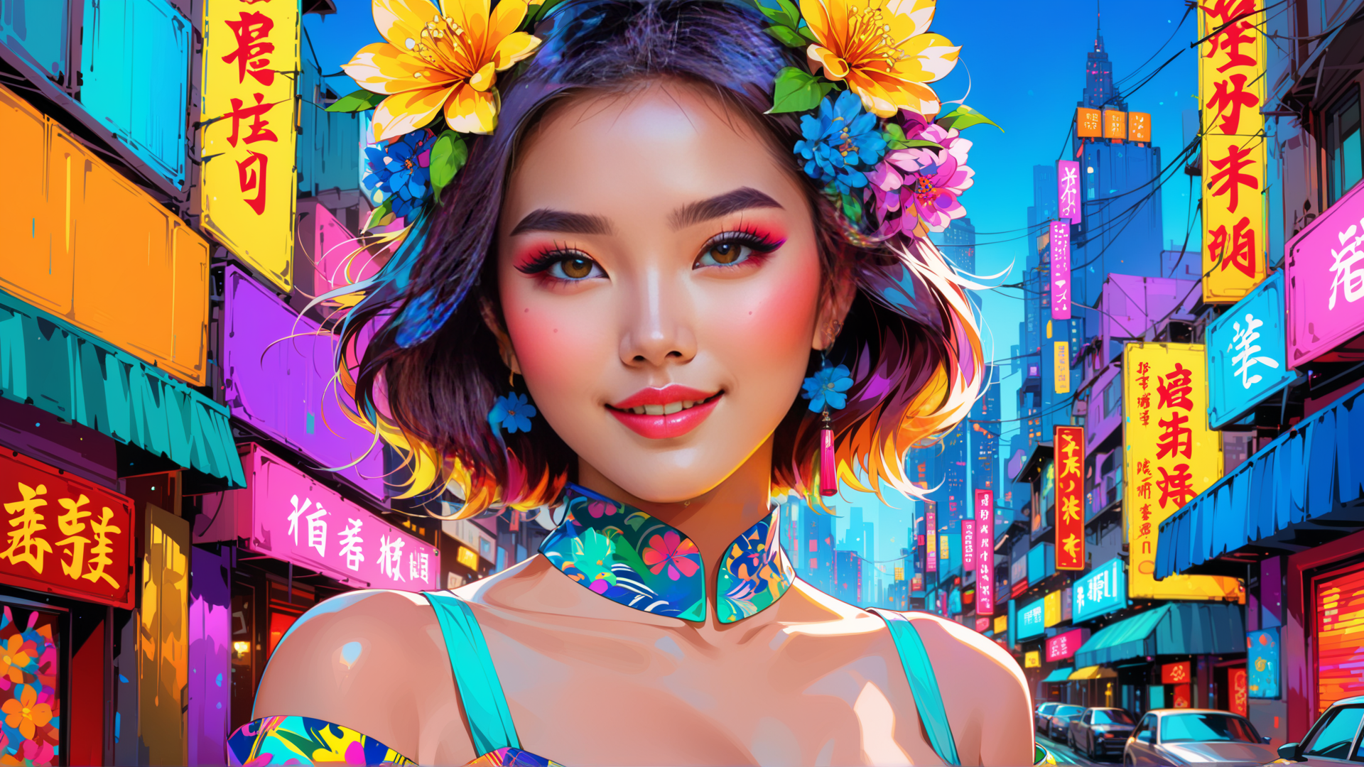 AI generated wallpaper featuring woman, flowers, cityscape