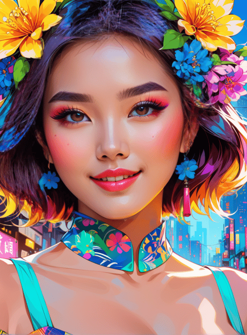 woman, flowers, cityscape